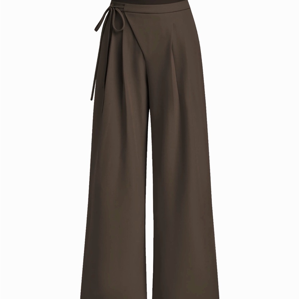 Cider Mid Rise Tie Side Knotted Pleated Wide Leg Trousers in Coffee Brown